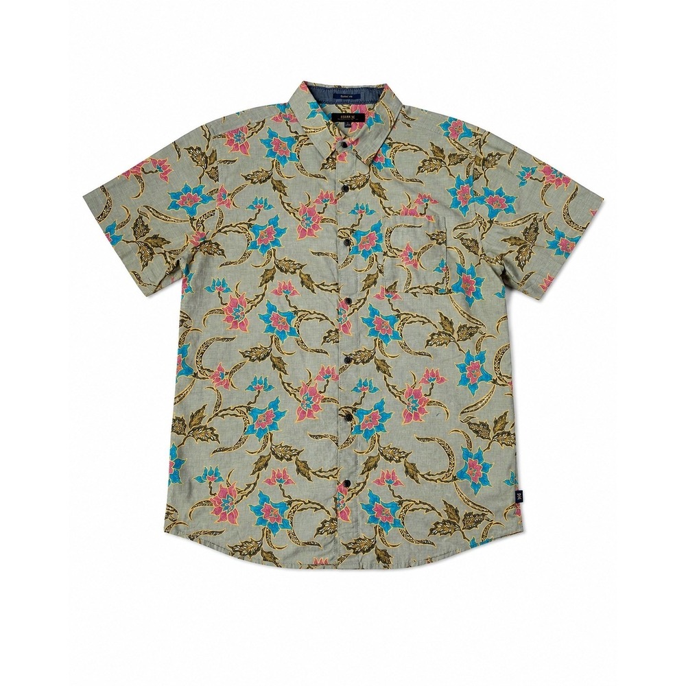 Roark Batik Floral Organic Cotton Shirt Button Up Short Sleeve Men L Green Boho